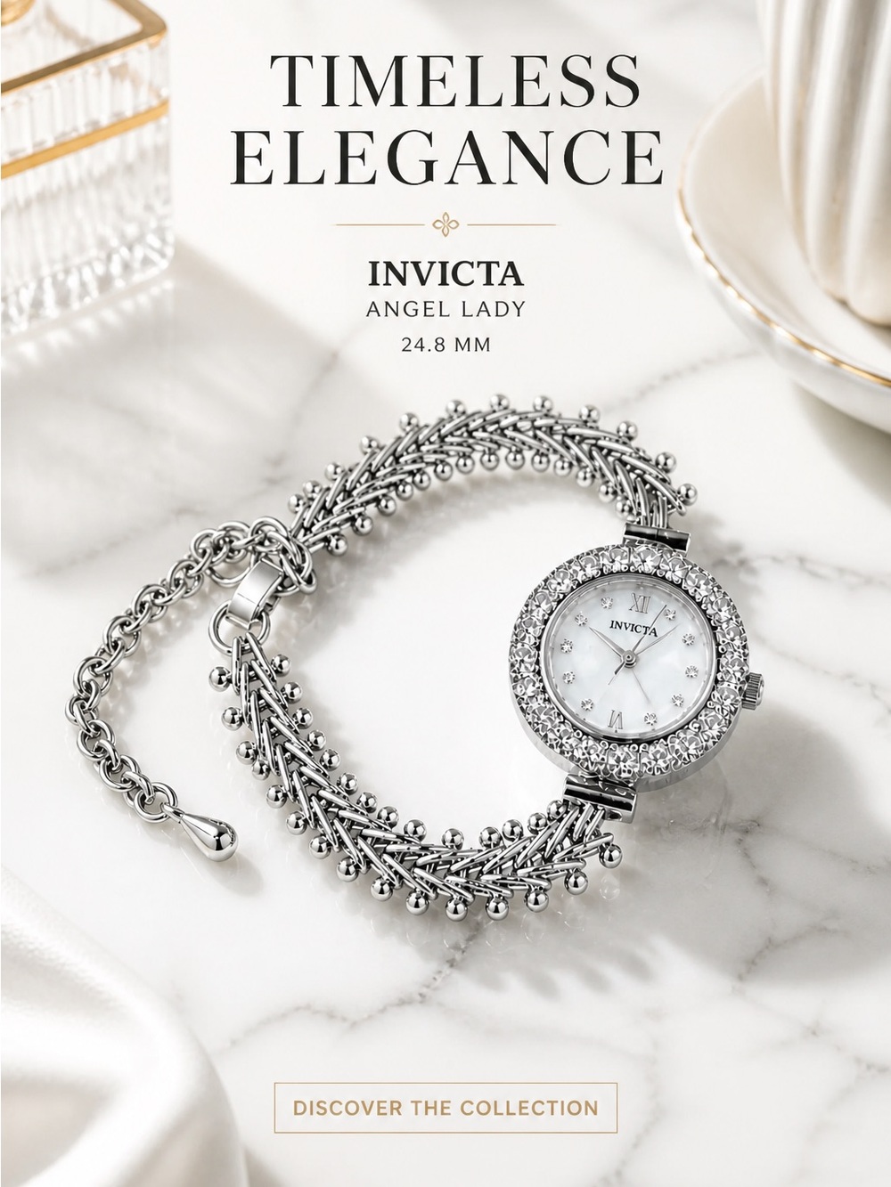 Invicta Angel Lady Silver Crystal Bracelet Watch, with three-year warranty